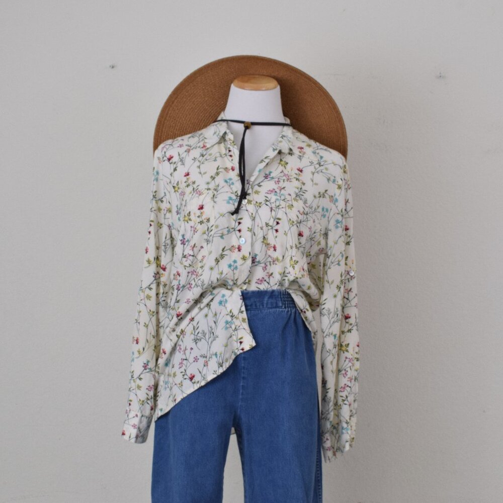 Just Living Rayon Floral Botanical Print Long‎ Sleeves Blouse | size S